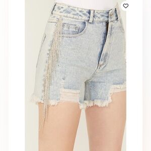 Denim blue b rhinestone fringe high waisted jean shorts